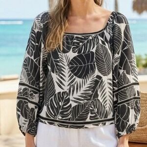 Cynthia Rowley Womens Black Cream Botanical Tropical Print 100% Linen Top - M